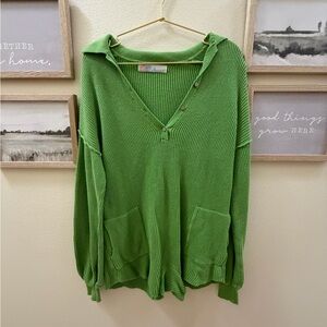 Green V-Neck Hooded Ribbed Sweater